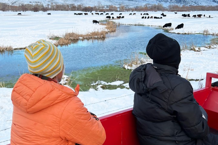 a group of people sitting in the snow