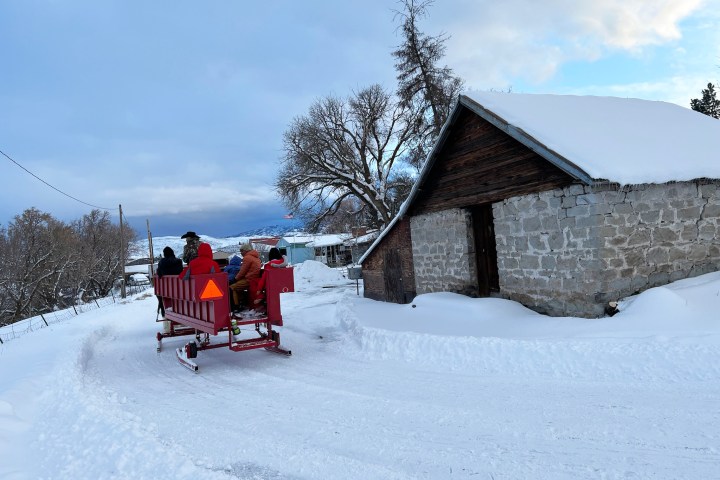 a man riding a horse in the snow