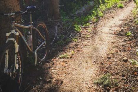 a bicycle parked on a dirt path