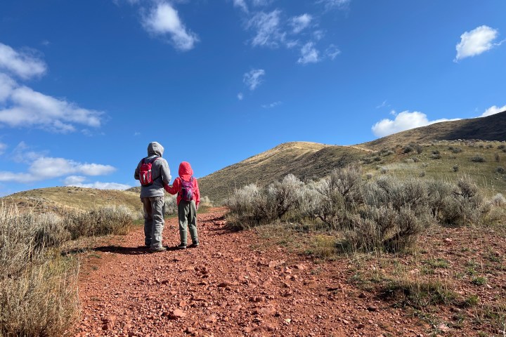 Two hikers with backpacks on a red dirt trail in a hilly landscape.